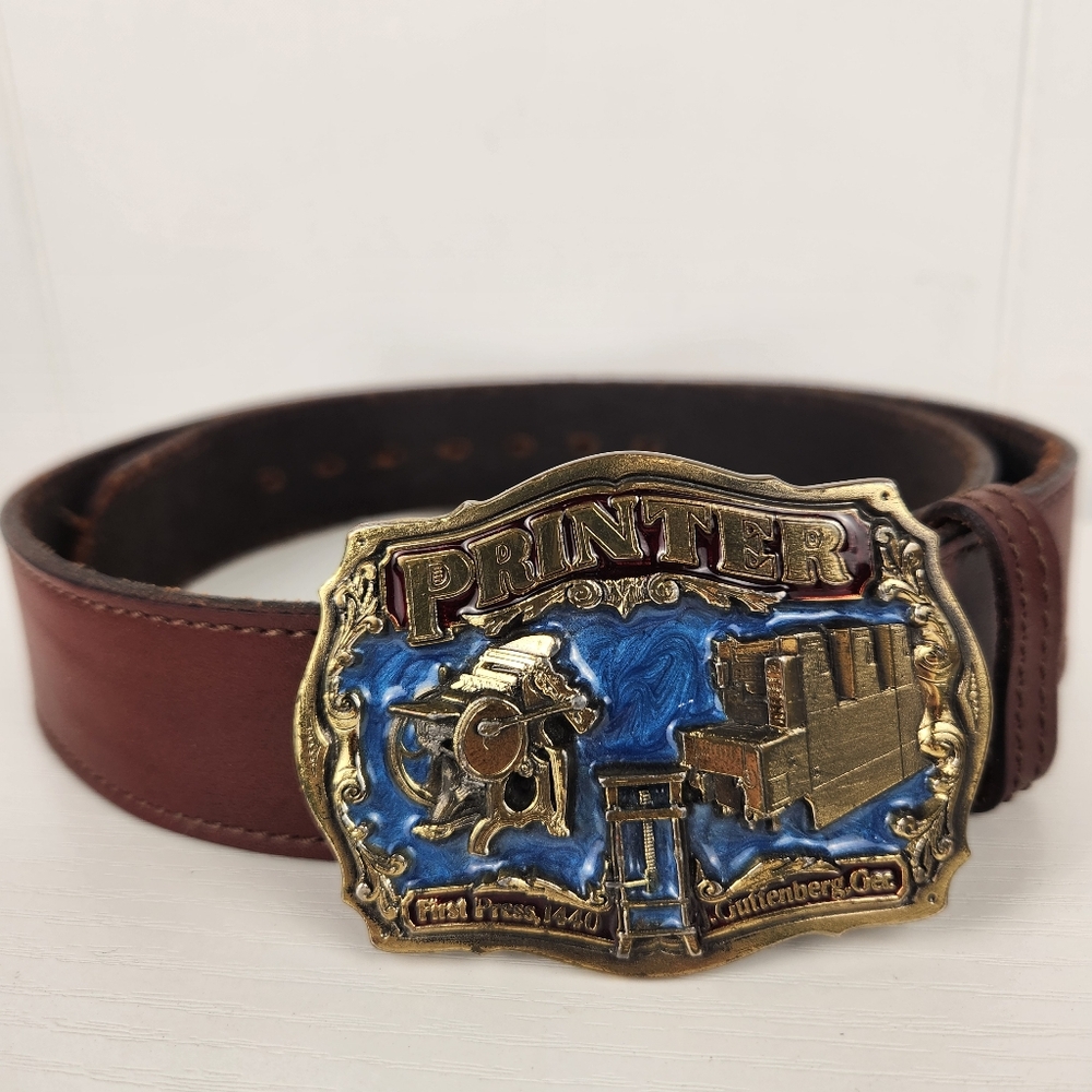 Vintage Leather Belt & Buckle 34 Printer First Press 1440 J. Guttenberg 1991 USA